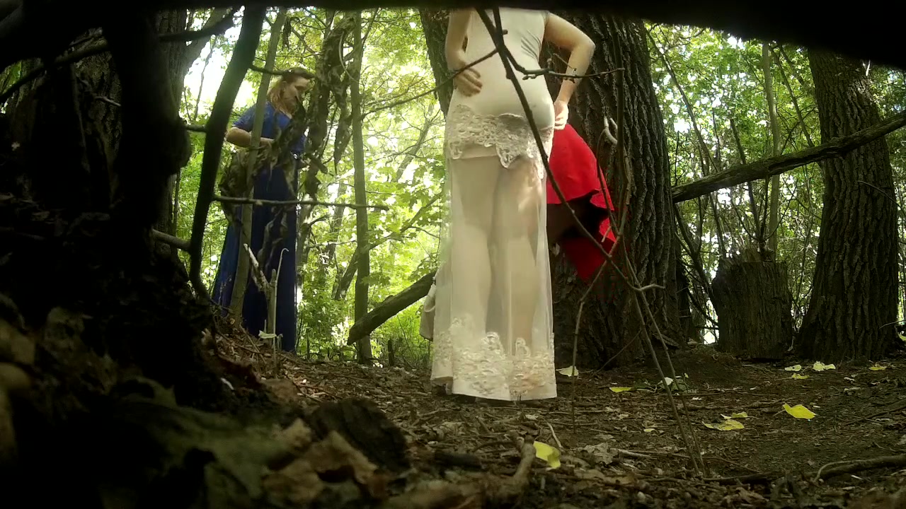 Classy bridesmaids take a piss together in the woods voyeurstyle image