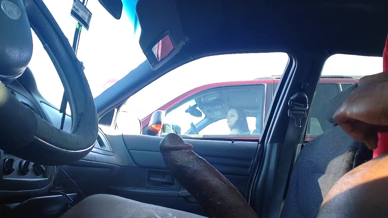 Flashing big black cock to a lady in a car voyeurstyle